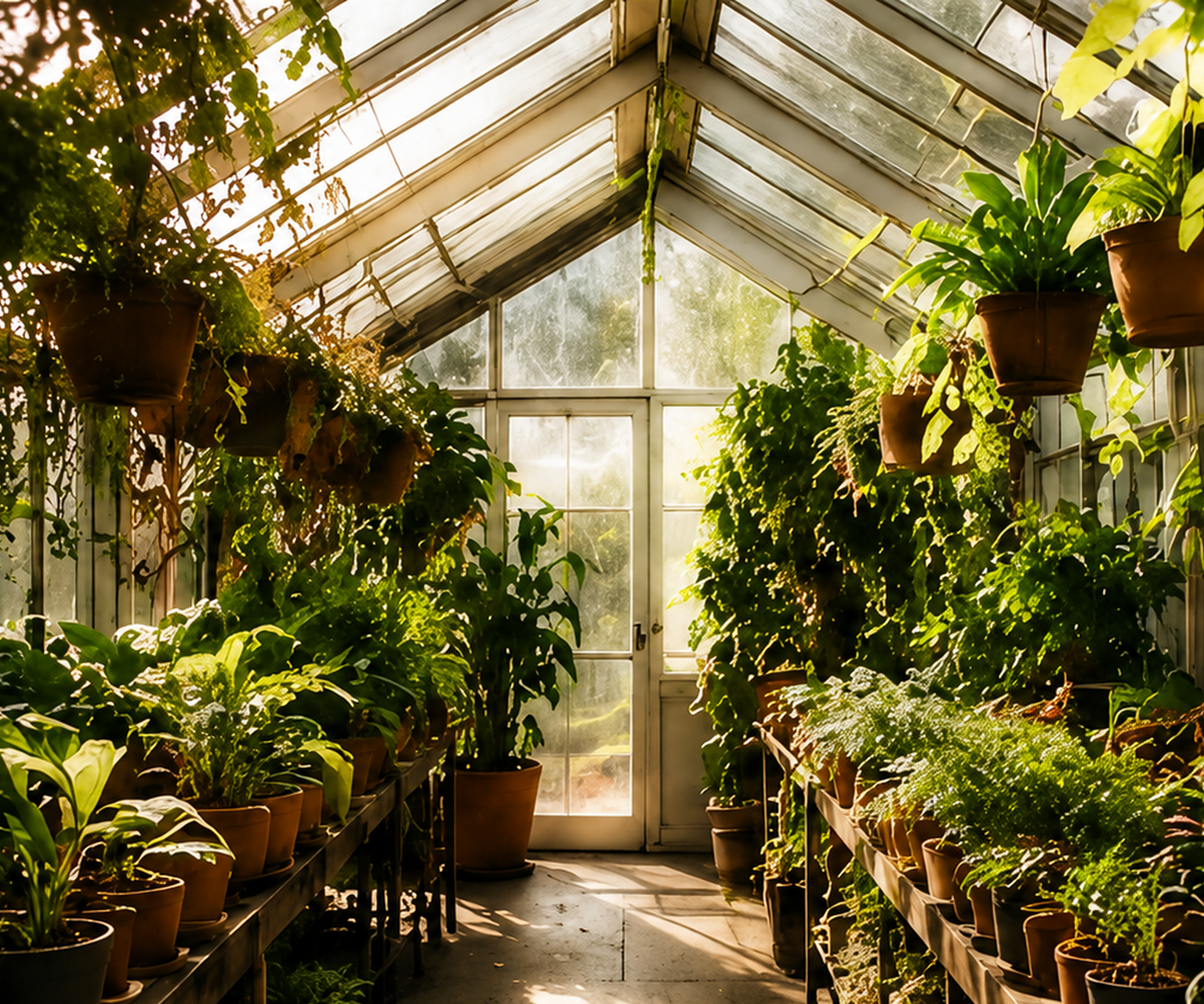 Sunlit greenhouse aisle filled with houseplants