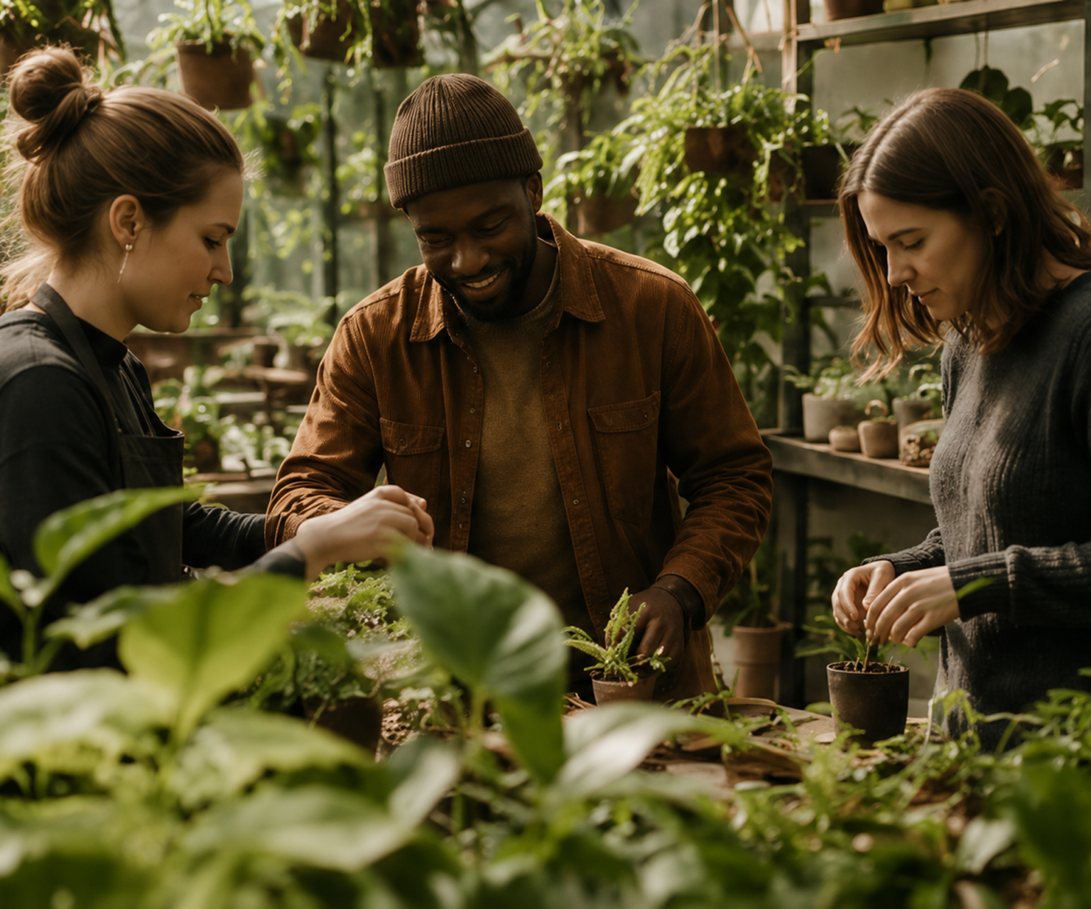 Three greenhouse staff working with young plants