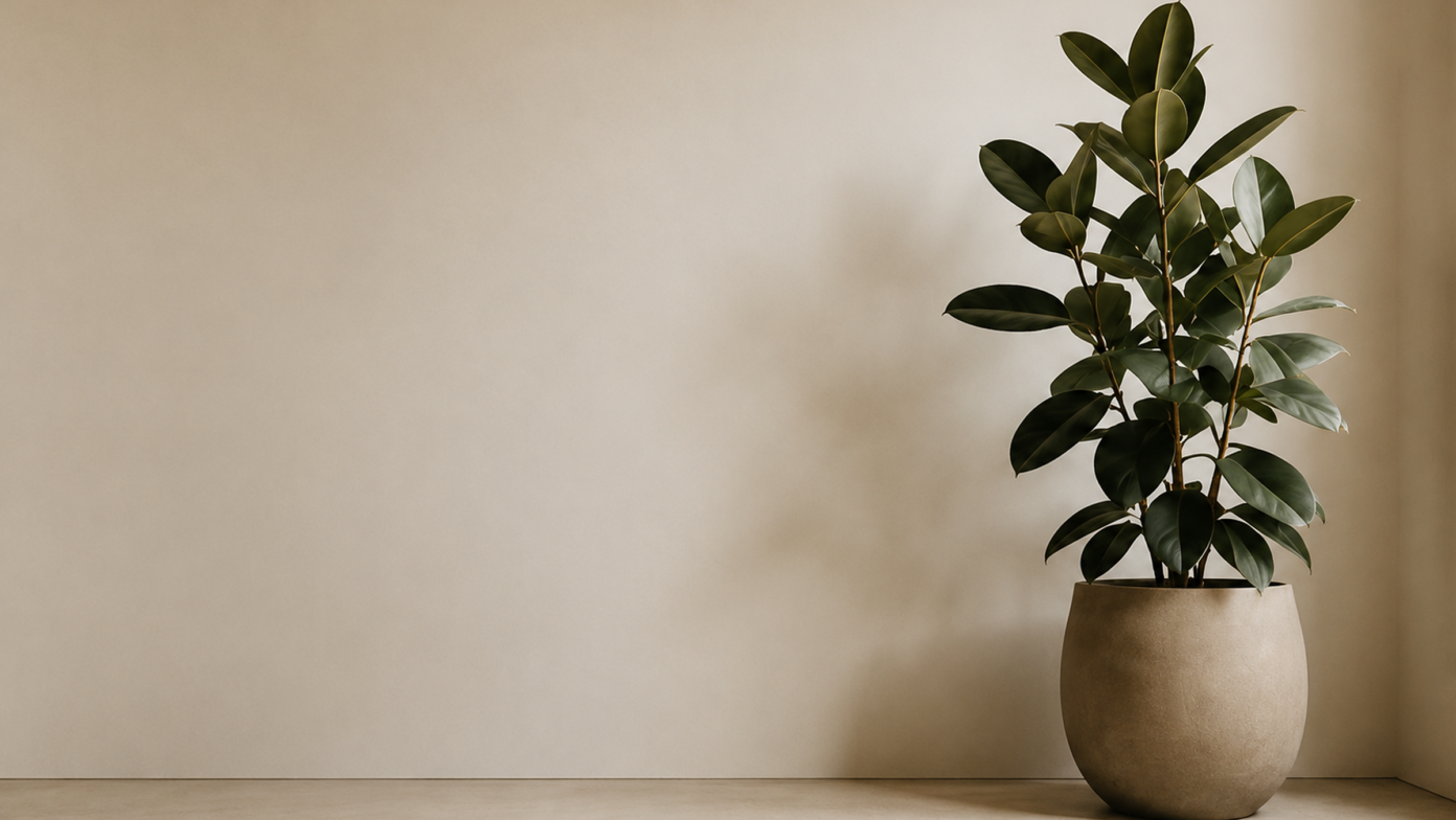 Sculptural rubber plant in a quiet warm-toned interior