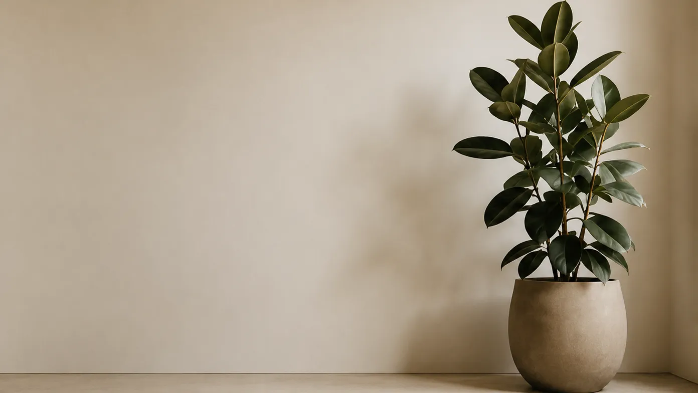 Sculptural rubber plant in a quiet warm-toned interior