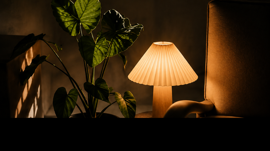 Houseplant beside a warm reading lamp