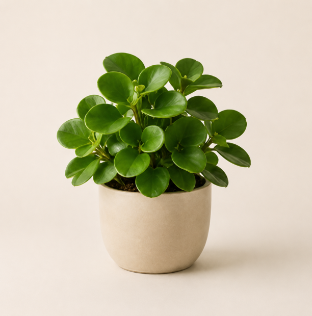 Peperomia obtusifolia in a neutral ceramic pot