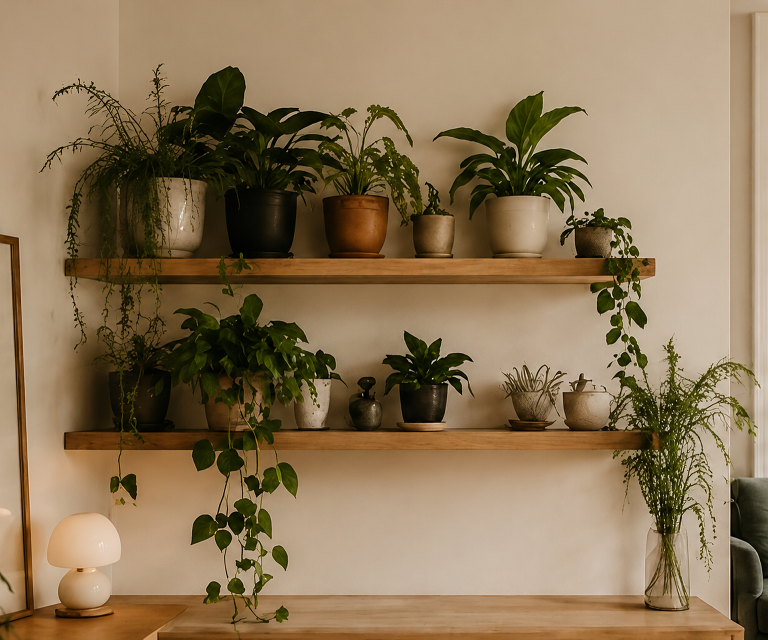 Sunlit dining workspace surrounded by houseplants