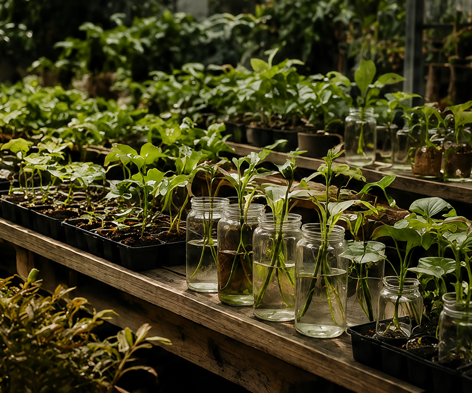 Propagation tables with young plants and glass vessels