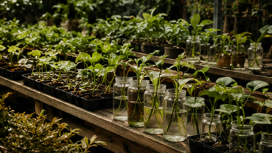 Propagation tables with young plants and glass vessels
