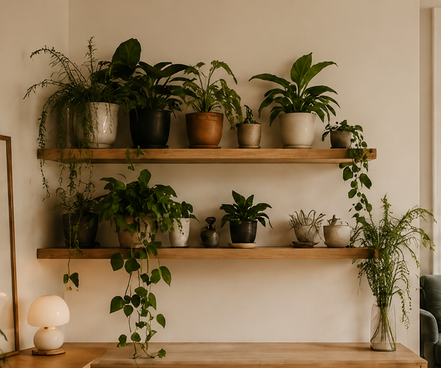 Thoughtfully styled houseplants on warm wooden shelves