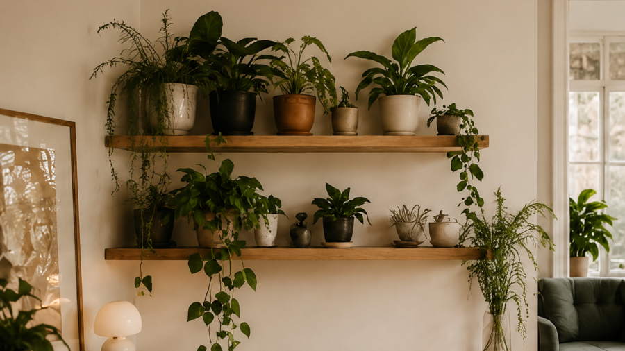 Thoughtfully styled houseplants on warm wooden shelves
